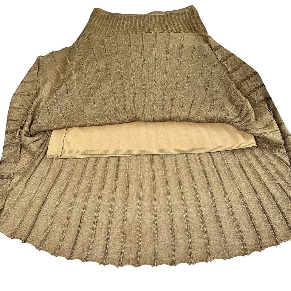 VINCE Pleated Gold Bronze Metallic Crochet Knit Midi Skirt Lined Size M - Picture 10 of 16